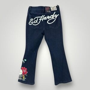 NEW Ed Hardy Jeans Skull Rose Women Size 32 Dark Wash Slim Flare Graphic Stretch
